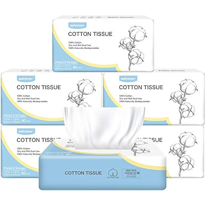 Winner 25% THICKER BIODEGRADABLE FACE TOWEL, OEKO-TEX SAFETY CERTIFIED CHEMICAL-FREE UNSCENTED, 100% COTTON FACIAL TOWELS DISPOSABLE COTTON TISSUES FOR WASHING FACE, PACK OF 6, TOTAL 480 SHEETS - Image 1